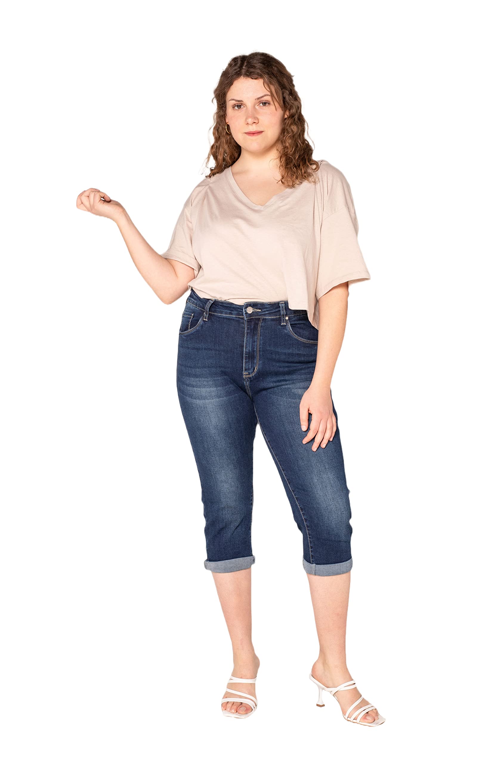 Nina Carter P200 Jean Capri Femme Grande Taille Stretch Taille Haute Jean 3/4 Style Décontracté Usé Pantacourt d'Été Élastique