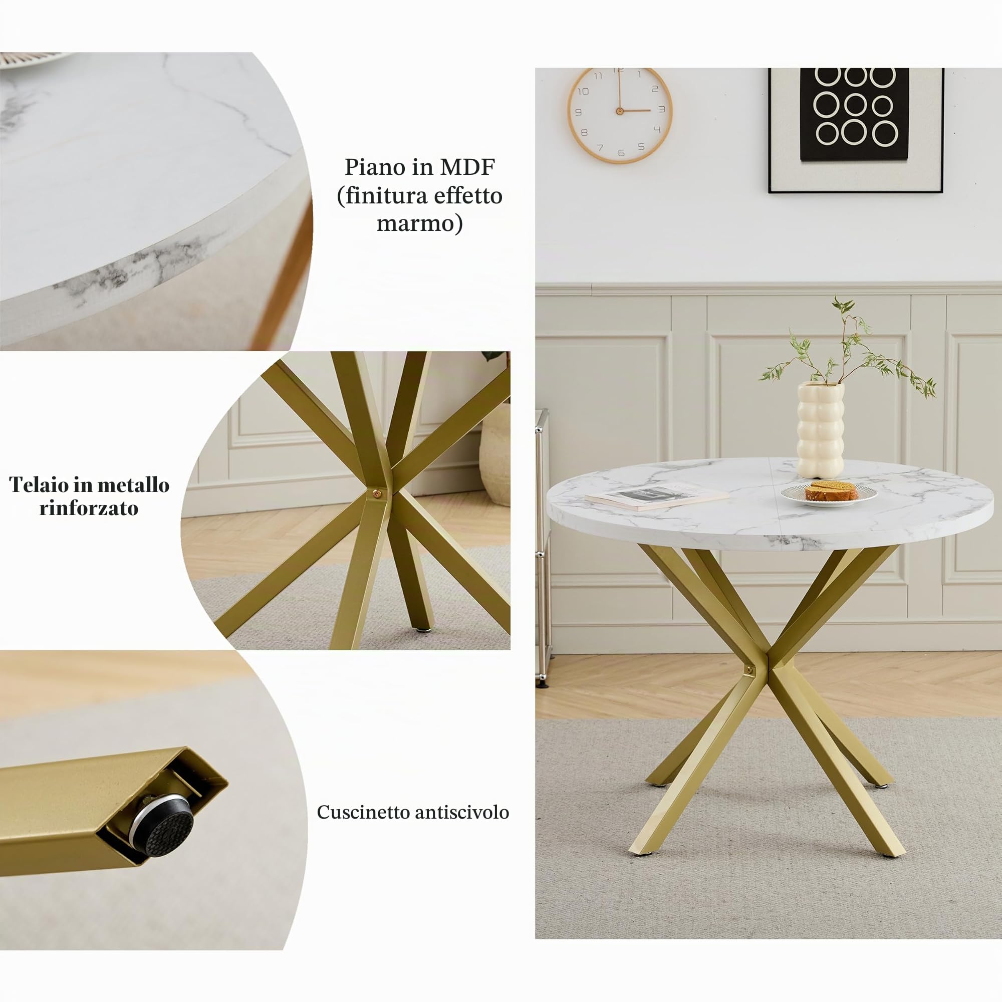 Tavolo da Pranzo Rotondo con Gambe Robuste a Forma di X, 100cm*100cm*76,5cm per Cucina, Piccoli Spazi, Appartamento (bianco)