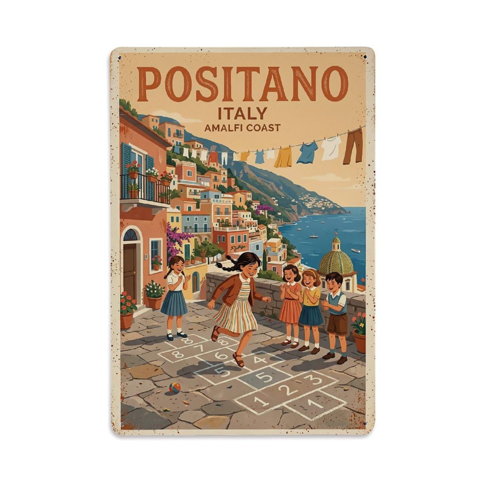 Huiyhb 8X12inch(20X30cm) Vintage Travel Positano Italy Hopscotch Terrace Play Metal Tin Sign