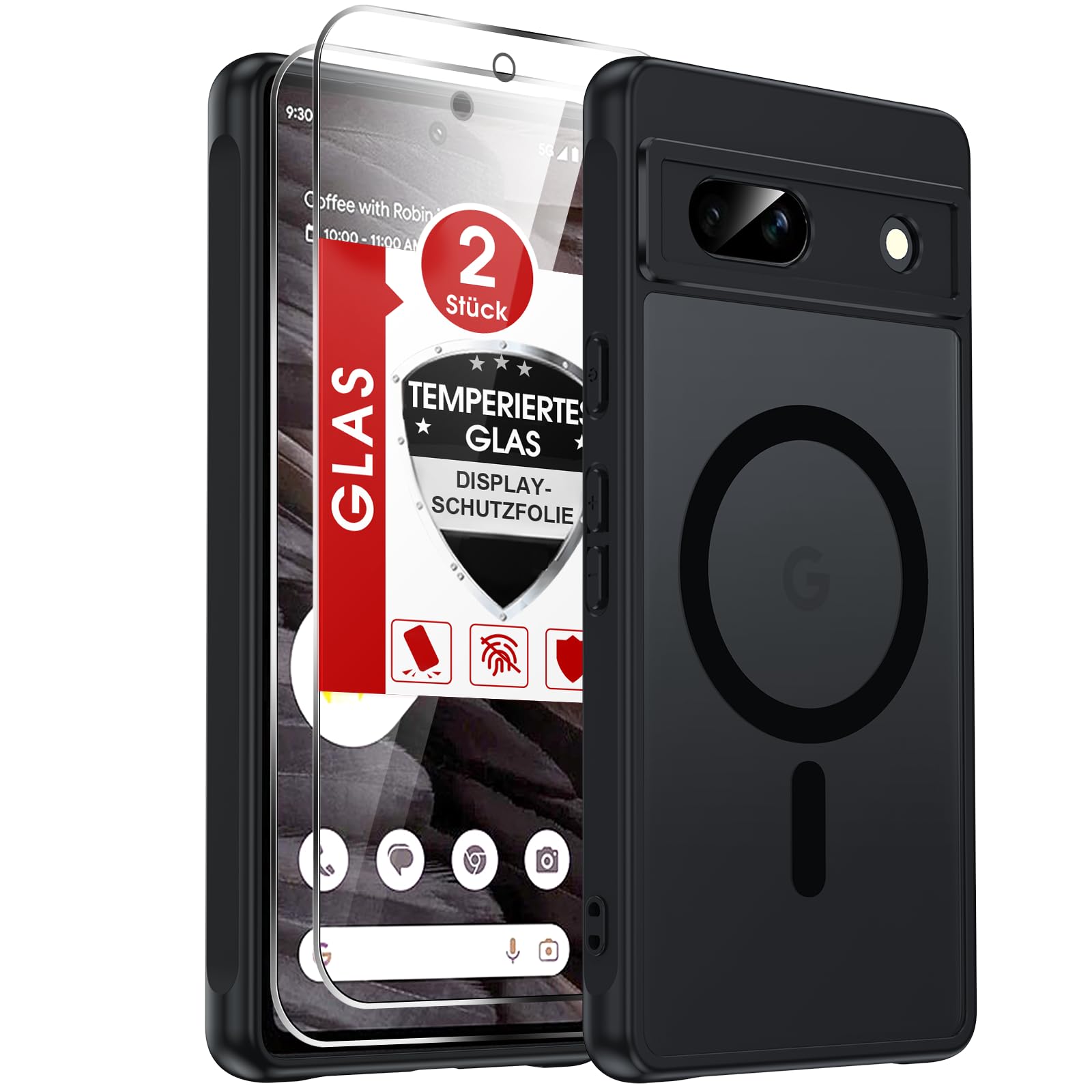 LeYi Handyhülle für Google Pixel 7a Hülle mit 2X Panzerglas-Schwarz