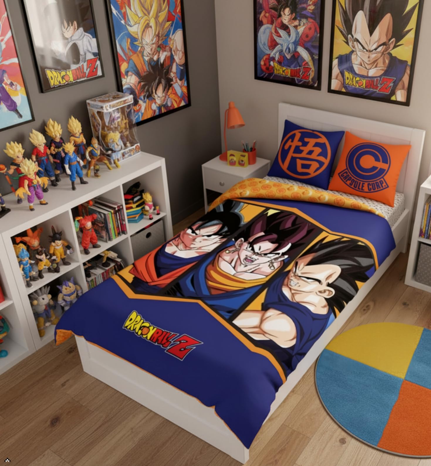 Parure de Lit Dragon Ball Z Bleue, 100% Coton, Housse de Couette Réversible 140x200 cm, Taie d'oreiller 63x63 cm, avec Goku et Vegeta. Textile Oeko-Tex. pour Lit 1 Personne