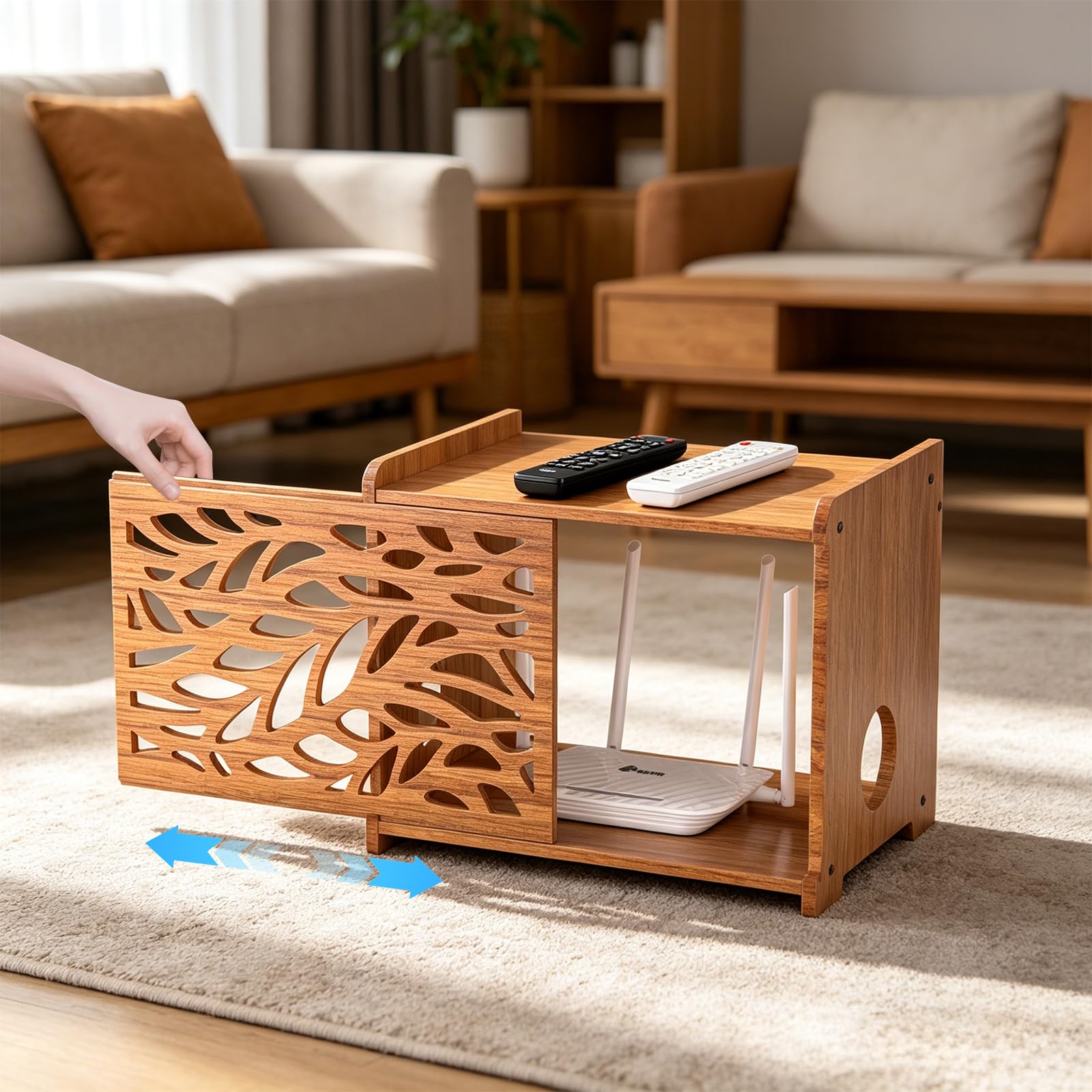 Scaffale per router Wi-Fi, modem WLAN, organizer per router | Gestione dei cavi per soggiorno, ufficio, legno, marrone, WiFi/WLAN, 40 x 31 x 26 cm