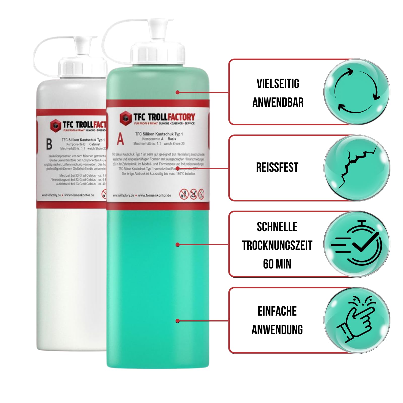 TFC Silikon Kautschuk Typ 1 - Hochdetailliertes Abformsilikon 1 KG - 2 Komponenten Silikon zur Herstellung von Silikonformen oder zum Gießen - Optimal für Objekte bis zu 30 cm