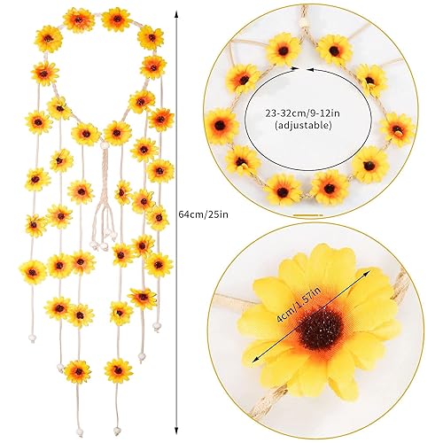 Miniatura 2 de Sucrain 2 diademas hippie de flores, corona floral, accesorios para el cabello de girasol de verano para los años 70, estilo bohemio para mujeres