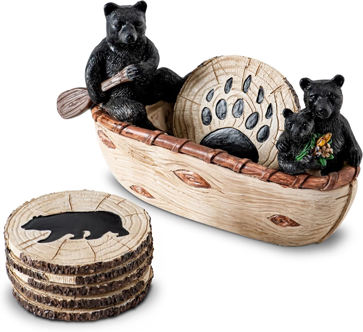 Bear Coasters Set of 6 Cute Table Coasters Resin Drink Coasters Black Cup Coasters for Coffee Table with Bear Family Boating Log Cabin Decorations Rustic Lodge Decor for The Home
