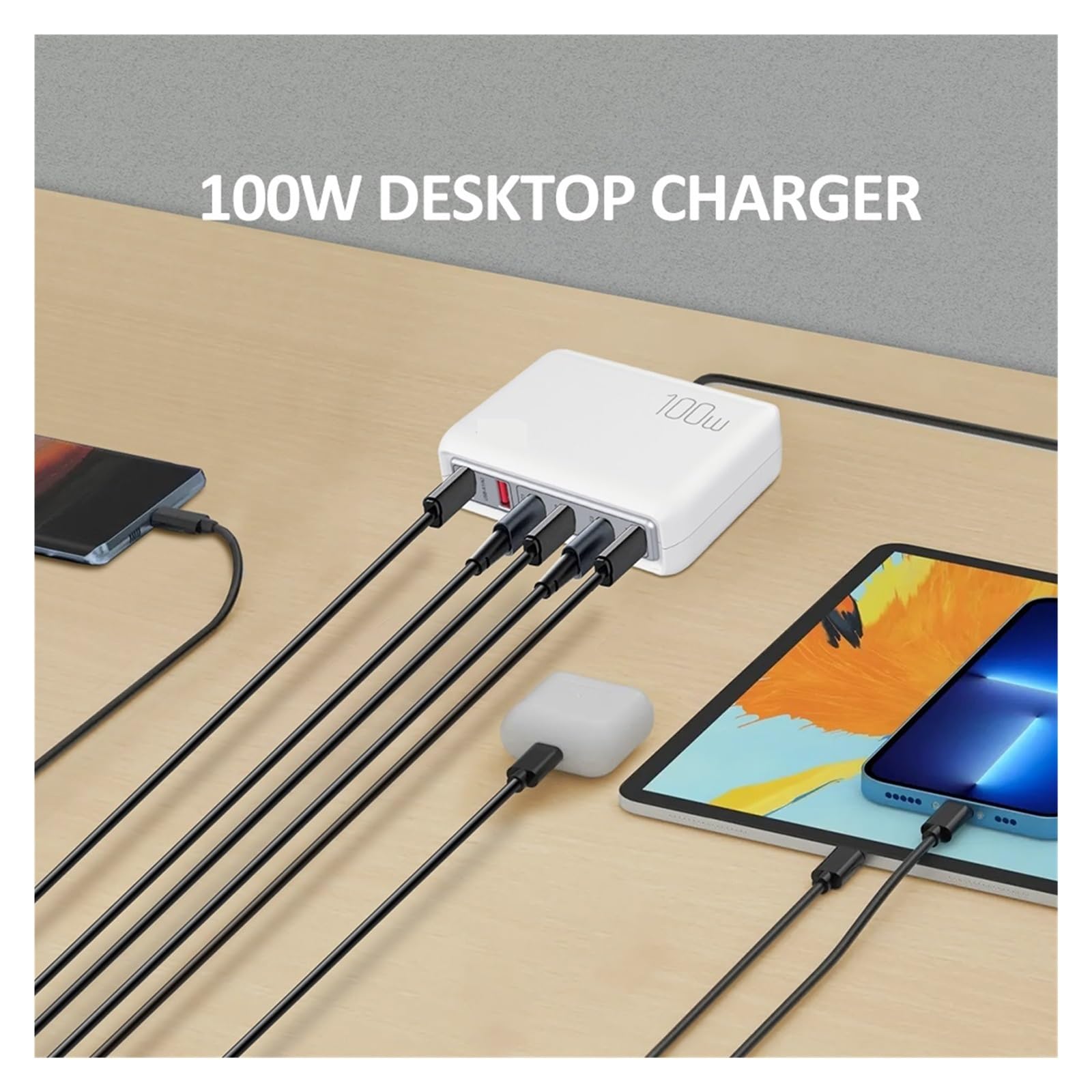 Cargador USB Multi De 100W Y 6 Puertos con Cable, Múltiple For Teléfono Móvil Capacidad De Carga RáPida(White)