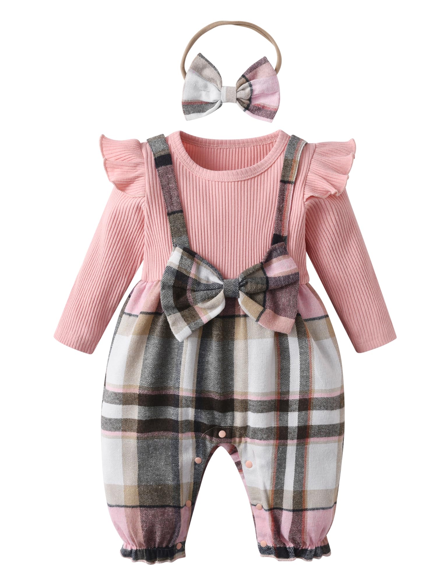 Kumsolu Newborn Baby Girl Romper Long Sleeve Infant Plaid Bodysuit Onesie Jumpsuit (0 Months)