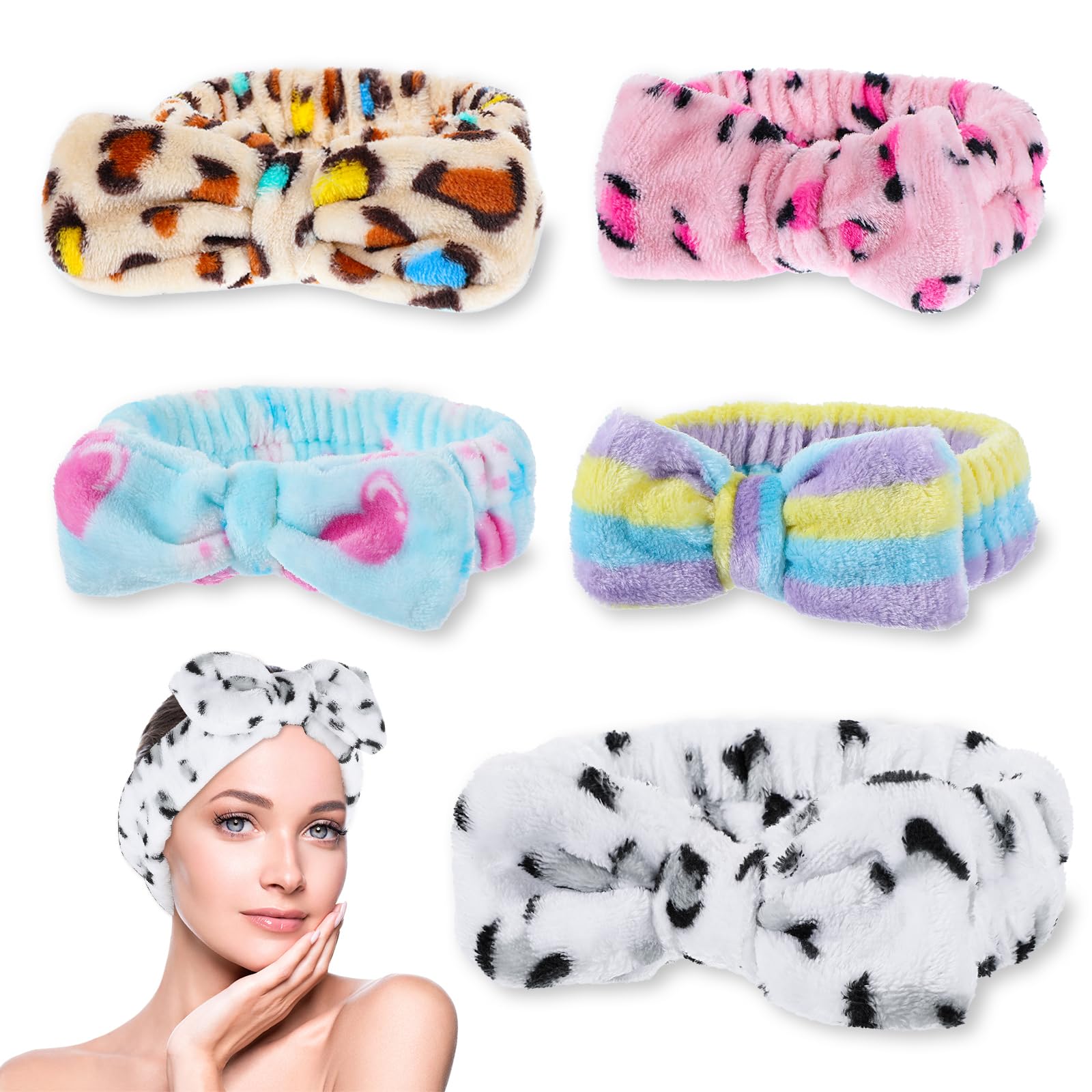 LNGUB 5 Packs Spa Headband with Cute Bow for Women and Girls Elastic Makeup and Skincare Hair Band for Shower and Face Washing