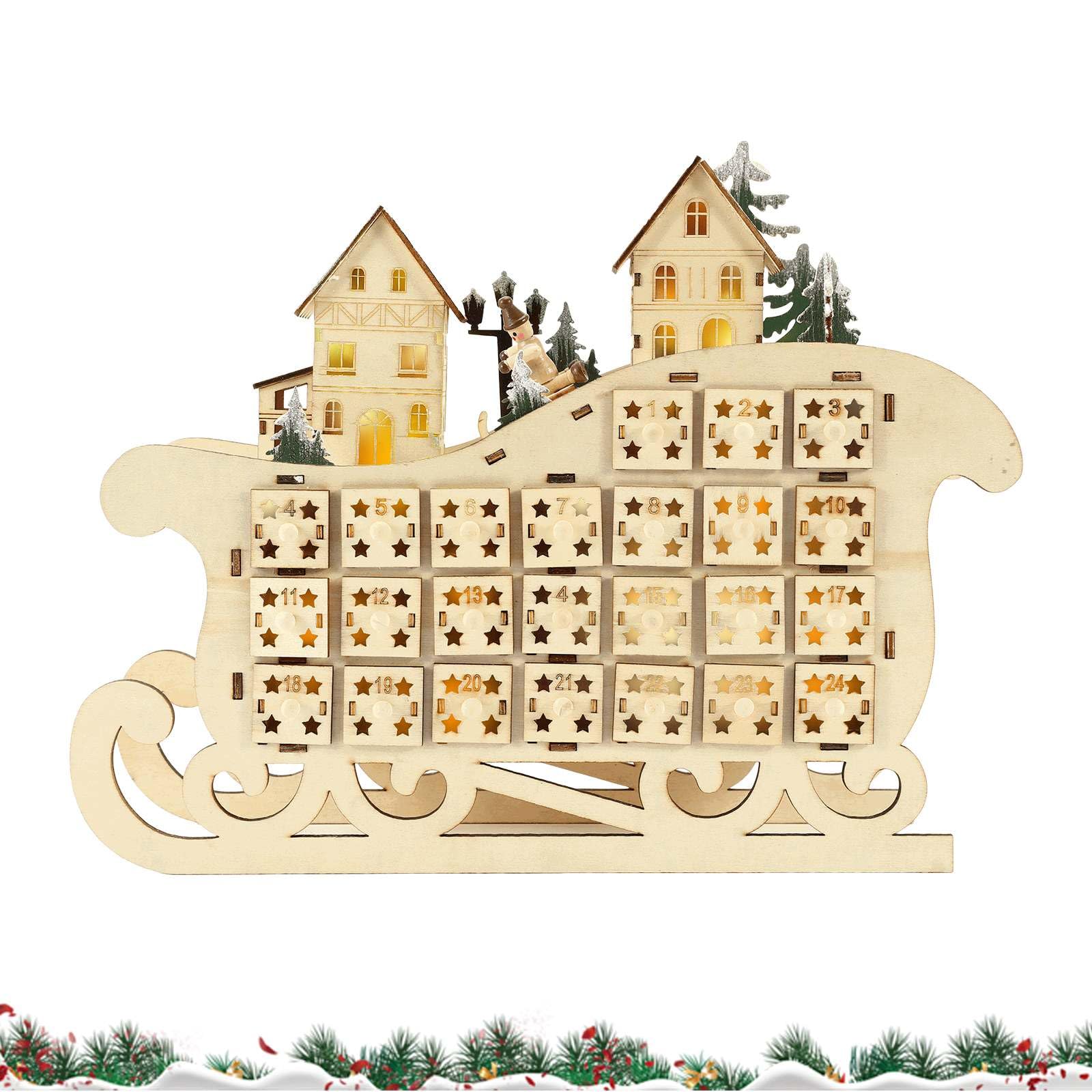 Calendrier De L'avent En Bois Avec Lumières LED,calendrier De L'avent à Remplir Avec 24 Tiroirs De Rangement, Calendrier De L'Avent à Remplir Soi-même,pour Enfants, Décoration De Noël (B