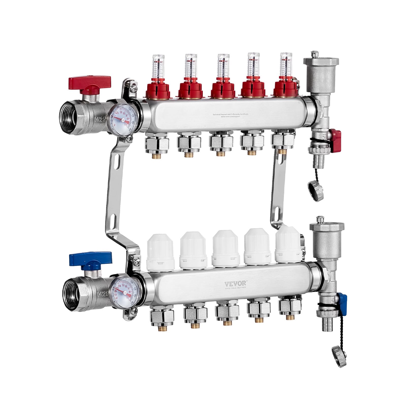 VEVOR Colector de Calor Radiante de 5 Derivaciones, Colector de Tubería PEX de Acero Inoxidable SUS304 para Calefacción por Suelo Radiante Hidrónico, con Adaptadores, 440 x 370 x 110 mm, 0-5 L/min