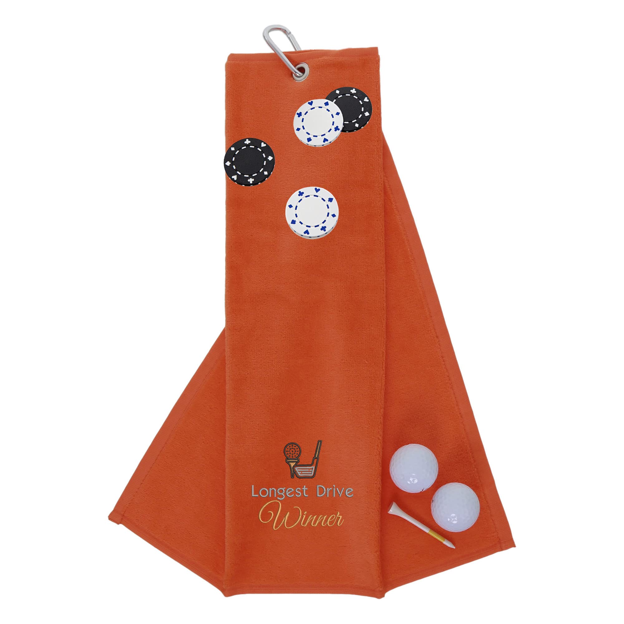 Funny Trifold Golf Towel and Poker Chip Marker Set Gift for Men, Carabiner Clip for Golf Bags, Longest Drive, Orange