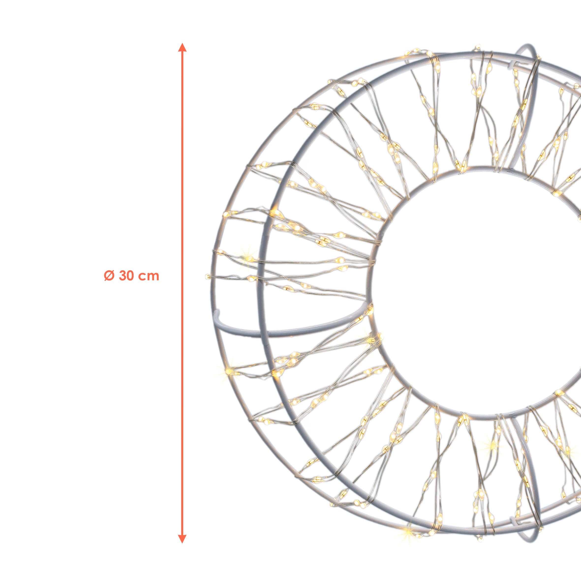 LED Metall Kranz weiß mit 200 Lichtern in warm weiß mit Timer - Ø 30 cm - Weihnachten Deko Beleuchtung für Außen mit Stecker - Türkanz Wandkranz Hängekranz beleuchtet kabelgebunden