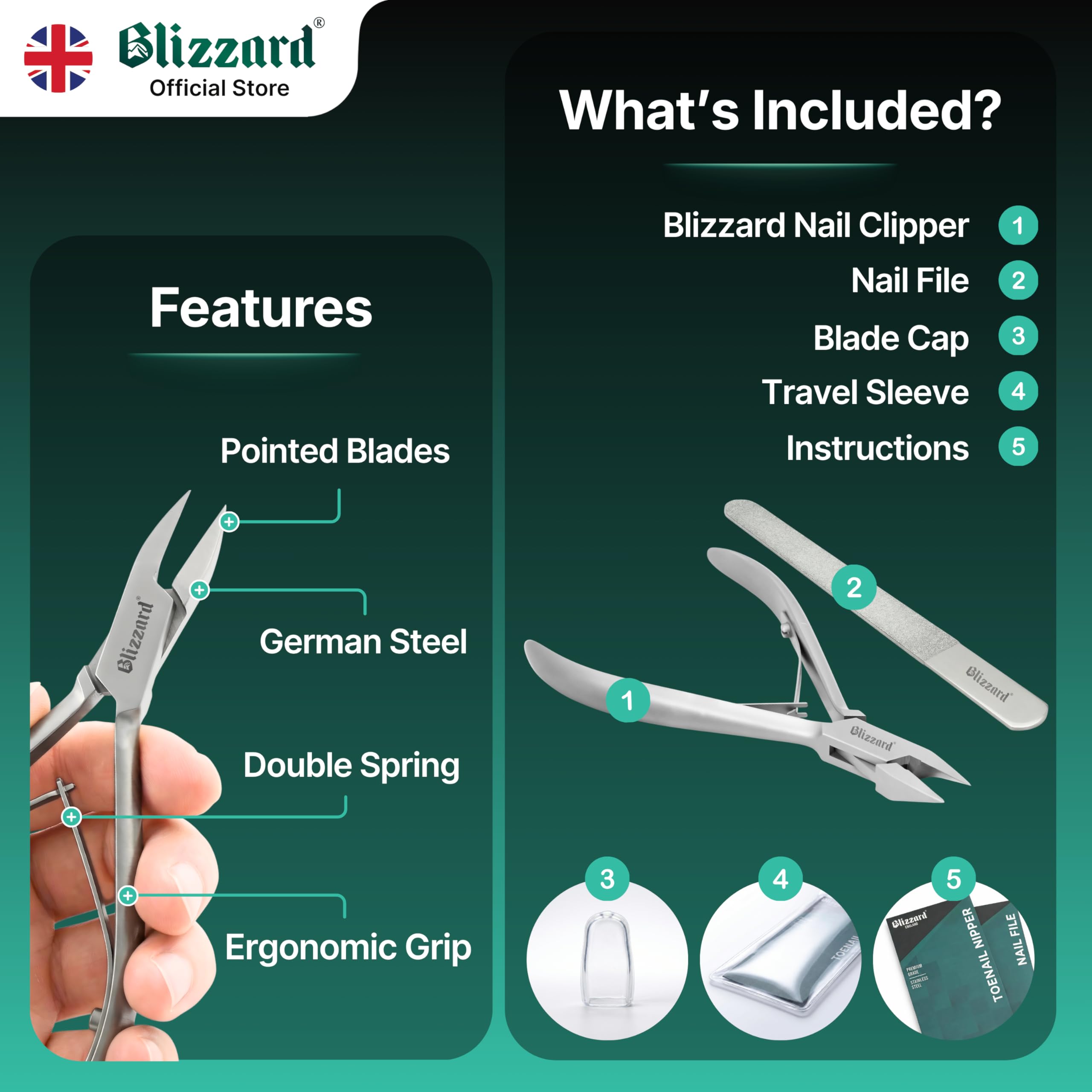 Blizzard - Ingrown Toenail Clippers in Arrowhead - Professional Podiatry Instrument - German Stainless Steel 13cm - CE Approved Foot Care Tool with Free Nail Straightener