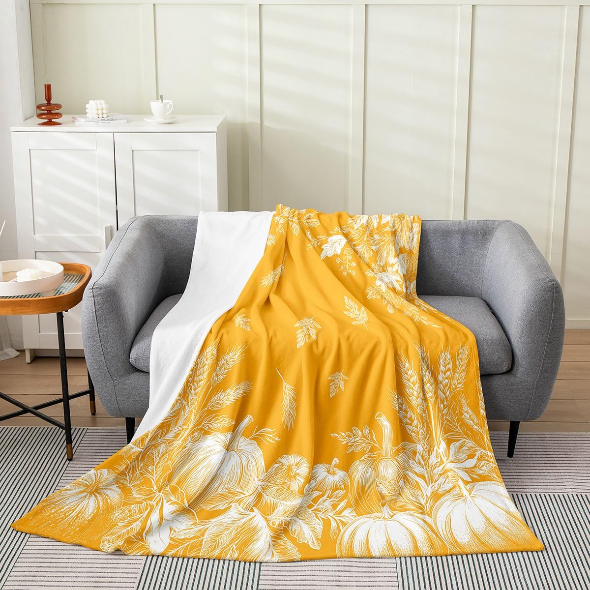 jejeloiu Fall Pumpkin Flannel Blanket Plush Fuzzy Rustic Fleece Throw Blanket Farmhouse Autumn Maple Leaves Plush Lightweight Sofa Throw Vintage Country Throw 50"x60" Yellow for Bed Couch Chair