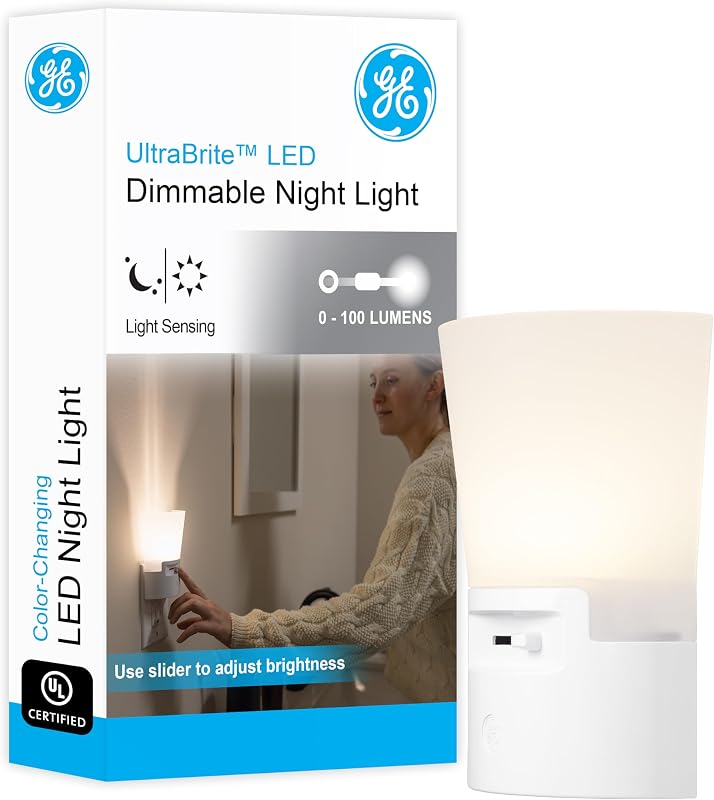 GE Ultrabrite Aplique regulable LED luz nocturna GEPlug-In, eficiencia energética, sensor de atardecer a amanecer, brillo ajustable, ideal para dormitorio, baño, pasillo, guardería, blanco, 45123, 1 paquete,