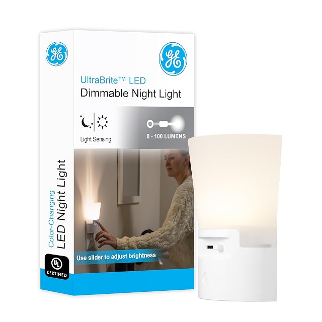 GE Ultrabrite Dimmable Sconce LED Night Light GEPlug-In Energy Efficient Dusk-to-Dawn Sensor Adjustable Brightness Ideal for Bedroom Bathroom