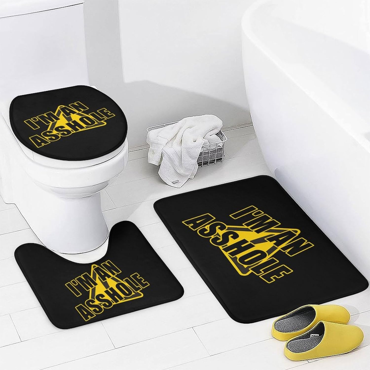 Warning I'm an Asshole Bathroom Sets with Shower Curtain and Rugs 4 Piece with U-Shaped Floor Mat Toilet Lid Cover