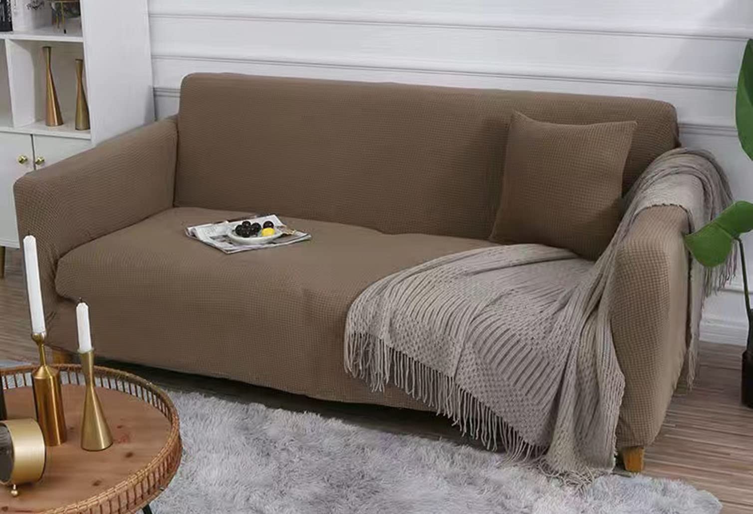 Housse de canapé extensible 3 places lavable en machine couleur café