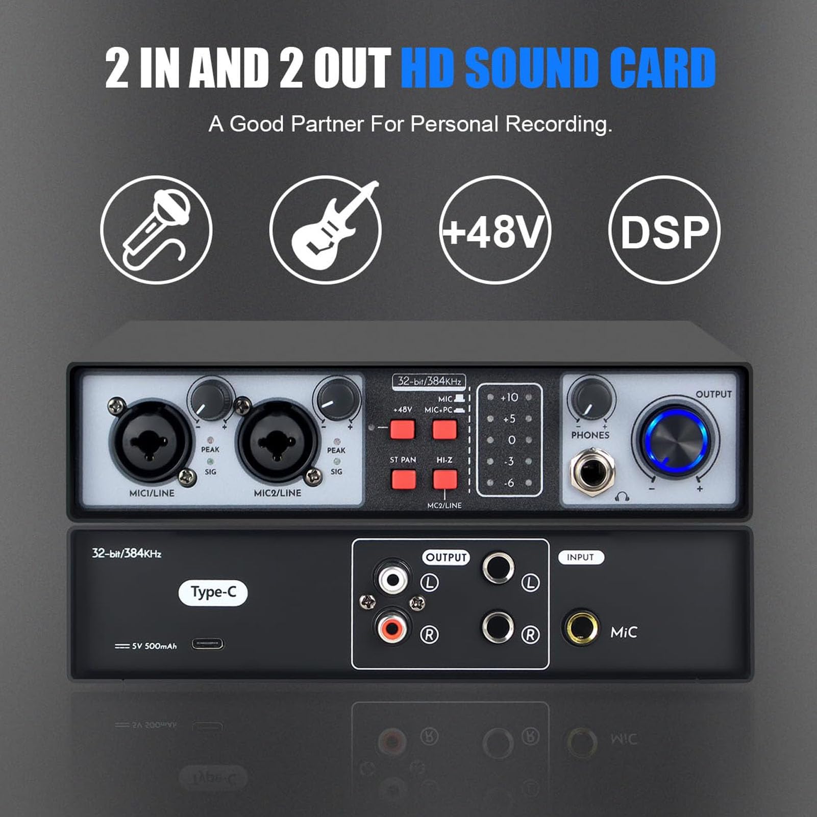 Sound Mixing Console Professional 2 in 2 fuori mixer audio digitale con alimentazione fantasma 48v incorporata per esibizioni dal vivo Registrazione in studio Metal Construction
