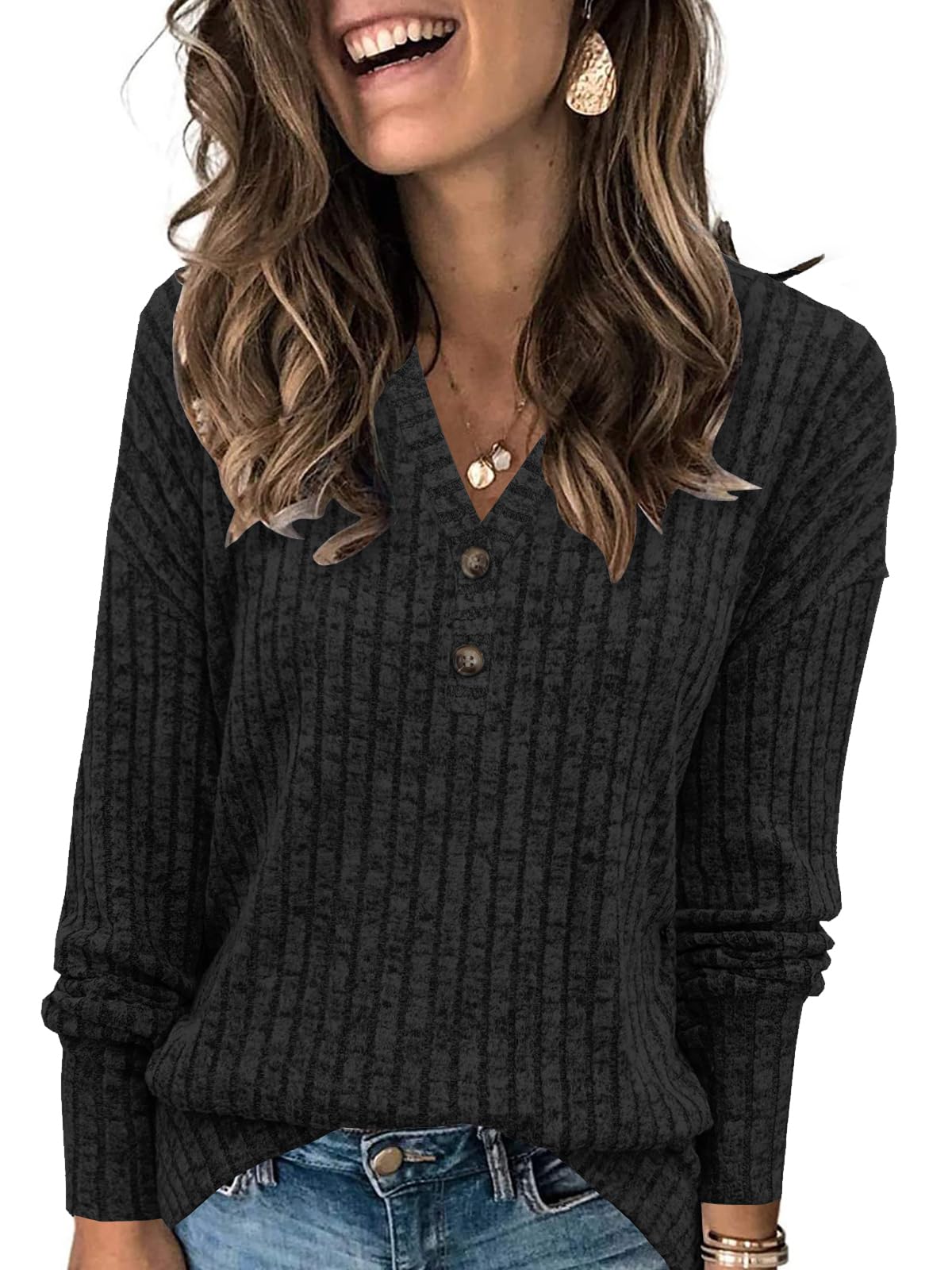 Womens Lightweight Sweaters Button Down Fall Long Sleeve Pullover Shirts Business Casual Tunic Tops