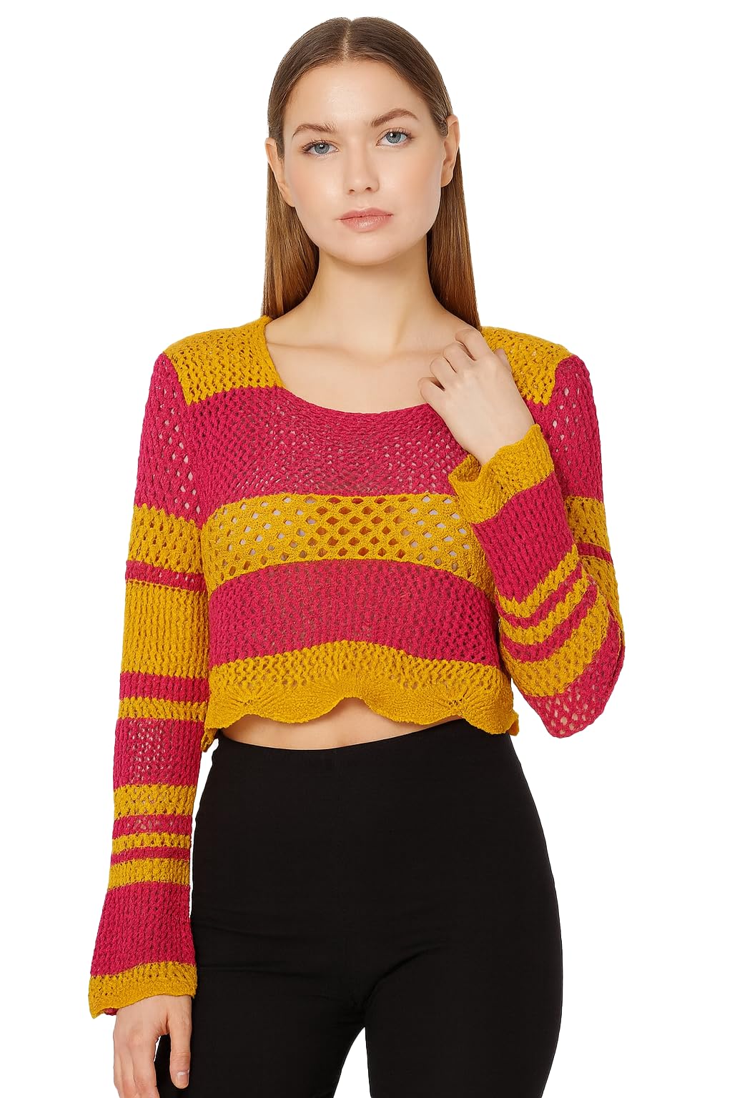 icw Women's Korean Style Knitted Sheer Crochet Long Sleeve Hollow Out Colour Block Print Crop Top T-Shirt Sweater (One Size Fit XS-S-M Bust 32-36 Inch) 29-picture-24