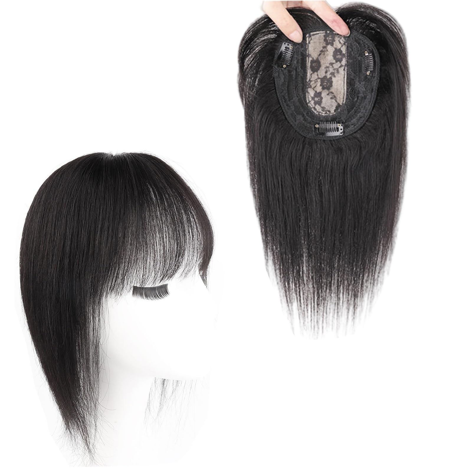 100% Veri Capelli Umani Posticci Con Frangia Elegante Topper for Capelli Da Donna, Base Da 5x5 Pollici Clip In Top Parrucche for Capelli Diradati,Extension for Capelli Neri Naturali(8 inch)