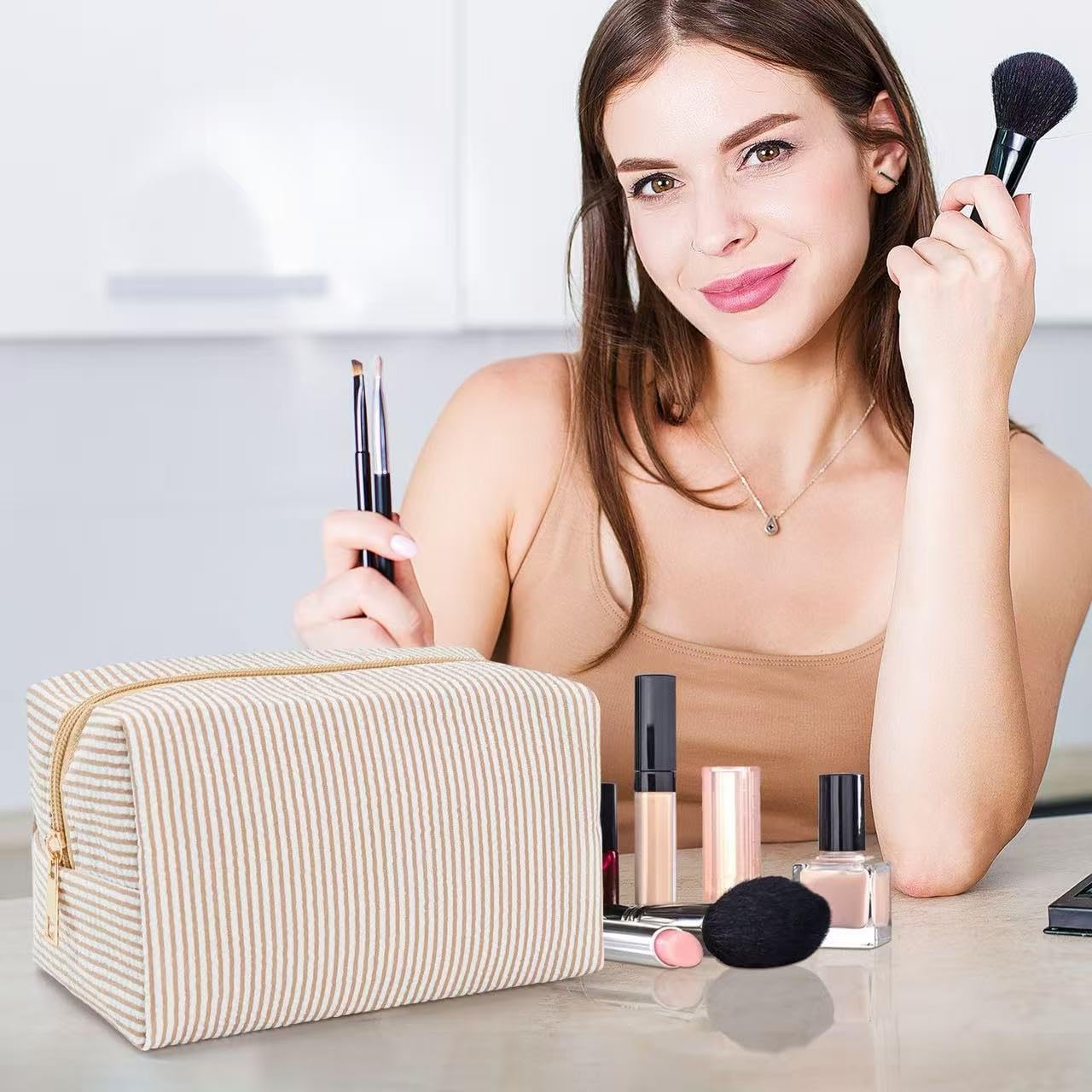 8 Pcs Cotton Makeup Bag Bulk Seersucker Makeup Bags Women Girls Bridesmaid Gifts Aesthetic Cute Makeup Pouch with Zipper Make Up Organizer for Women Travel Gifts