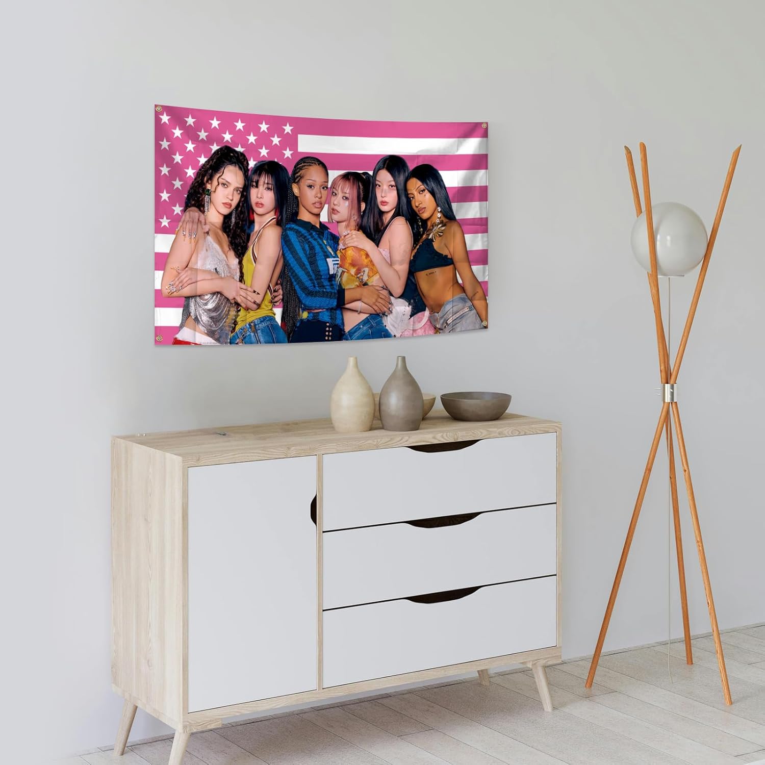 Funny Art Aesthetic Katseye Tapestry Flags 3×5 Feet Pink Wall Hanging Flag with Brass Grommets for Living Room, Bedroom, College Dorm Room, Party Decoration