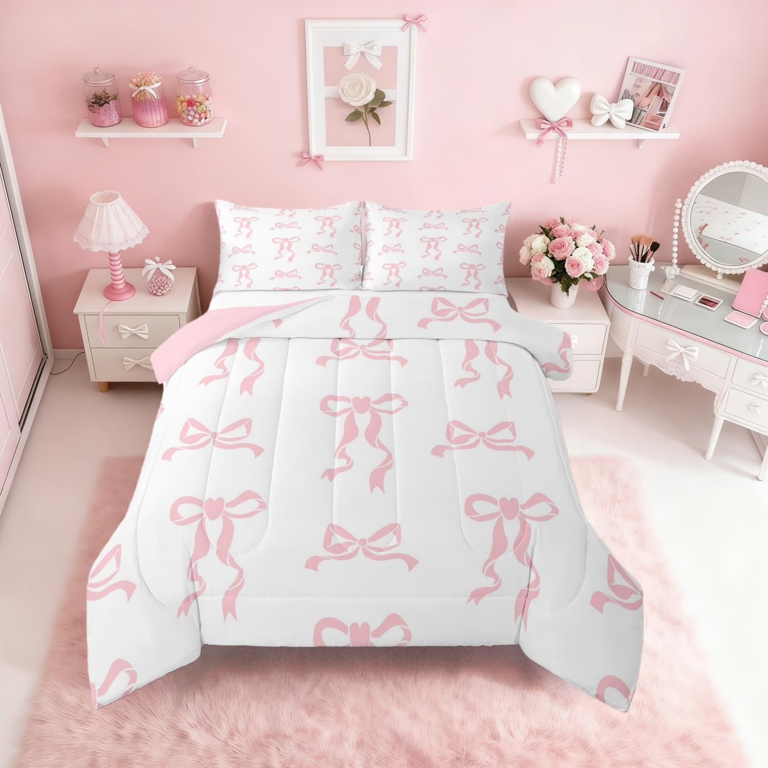 Erosebridal Bow Comforter Set Twin Size, Girls Pink Bow Bedding for Kids Women Bedroom Decor Cute Bowknot Comforter Kawaii Room Decor Duvet Set Dreamy Princess Bowtie Quilt
