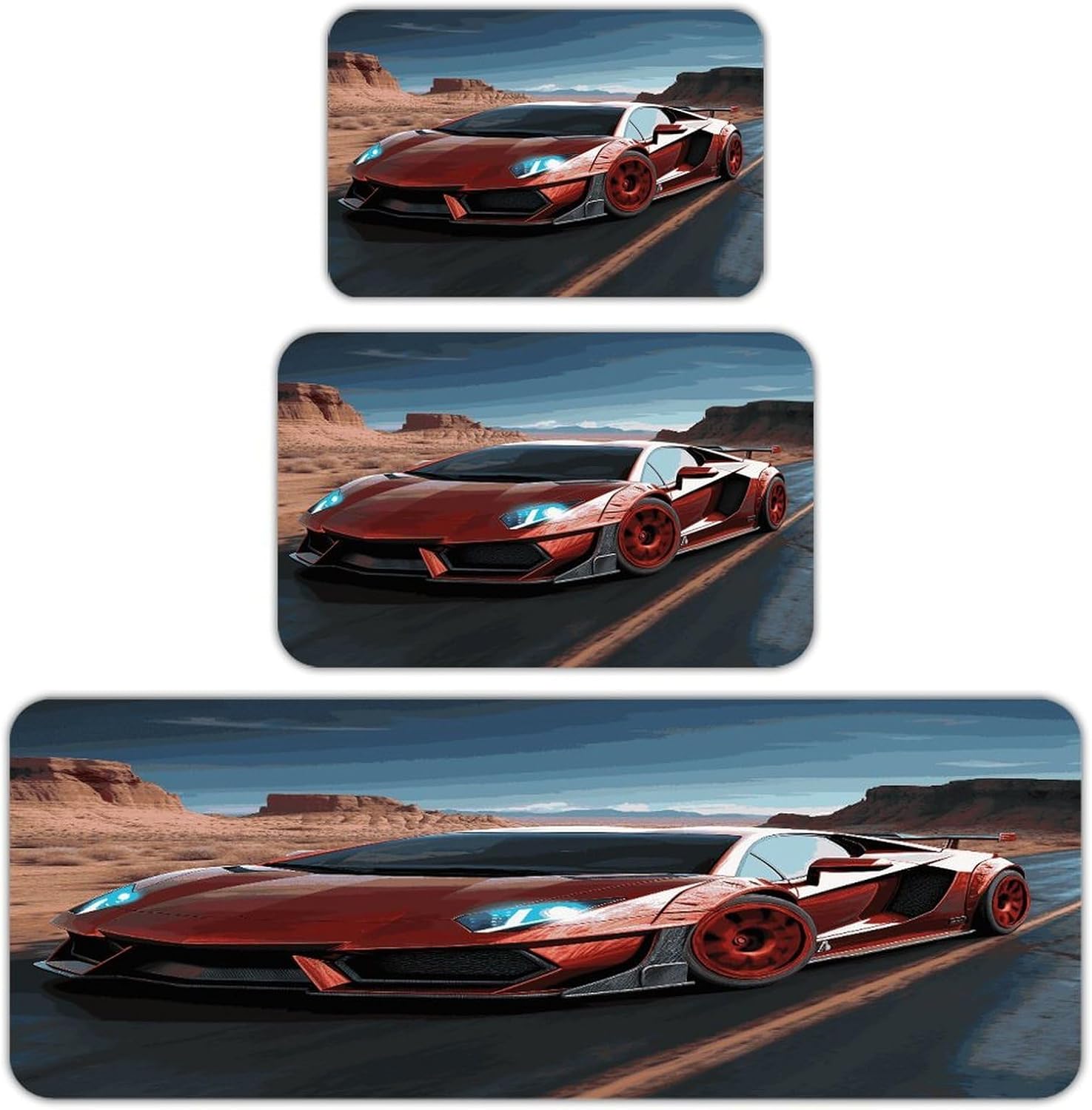 Red Race Car Kitchen Mats Soft Absorbent Rugs for Floor Non Slip Washable Kitchen Mats Fashion Rectangular Rugs for Three-Piece Set for Laundry Office Home Sink