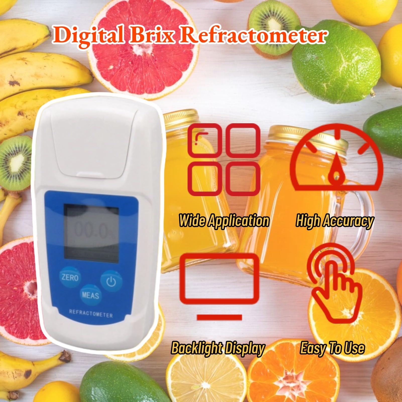 Refractómetro Digital Brix, Velocidad de Medición Rápida Alta Precisión 0-55% Pantalla Retroiluminada HD Medidor Brix para Frutas para Bebidas para Medir el Contenido de Azúcar