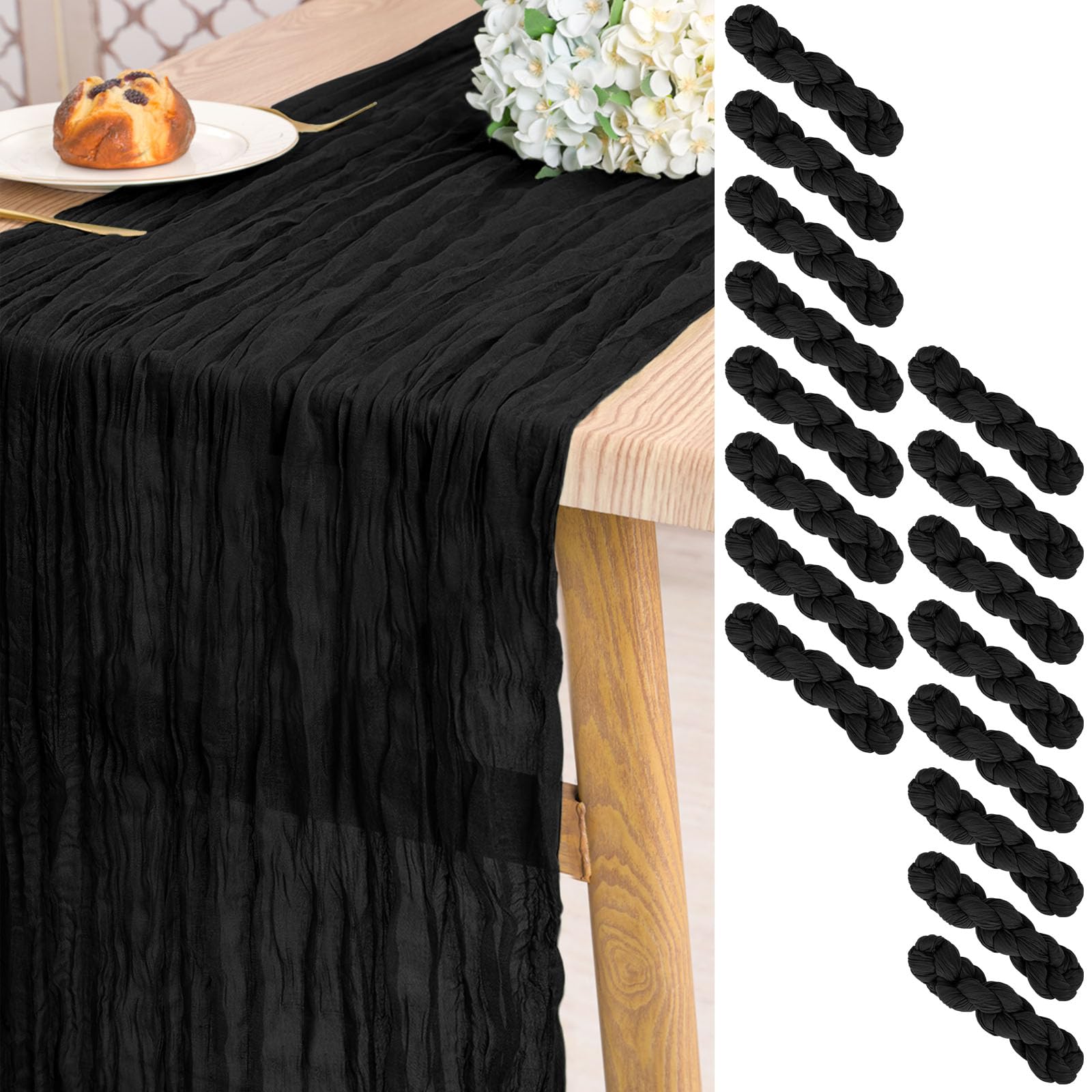 16 Pack Gauze Cheesecloth Table Runner 10ft Long Black Rustic Gauze Boho Wedding Table Runners 21.5 x 120 Inch for Wedding,Bridal Shower,Party,Banquet Decoration