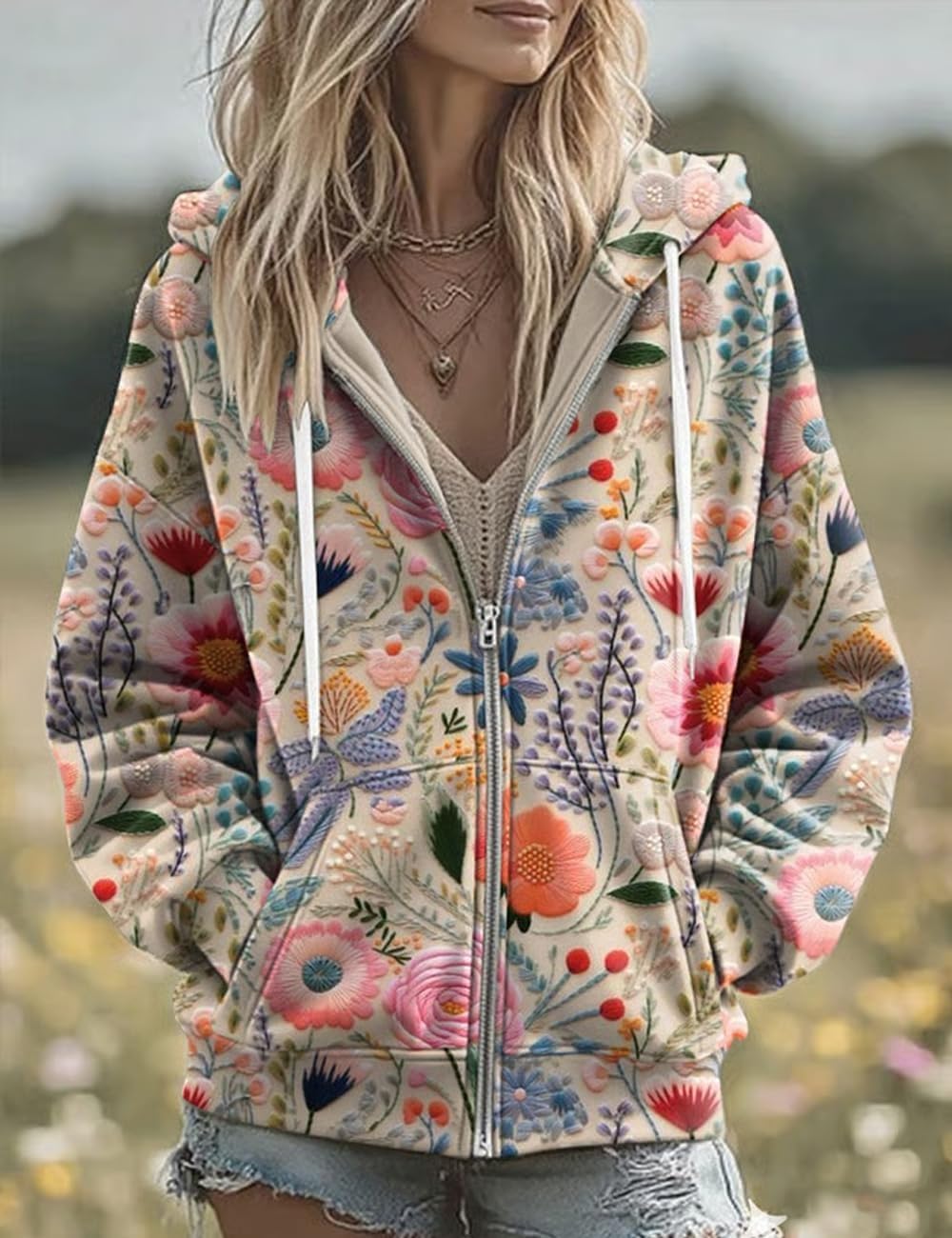 Women's Vintage Bohemian Floral Jacket Art Print Casual Shirt Flower Color Block Hoodie Jacket - Image 2