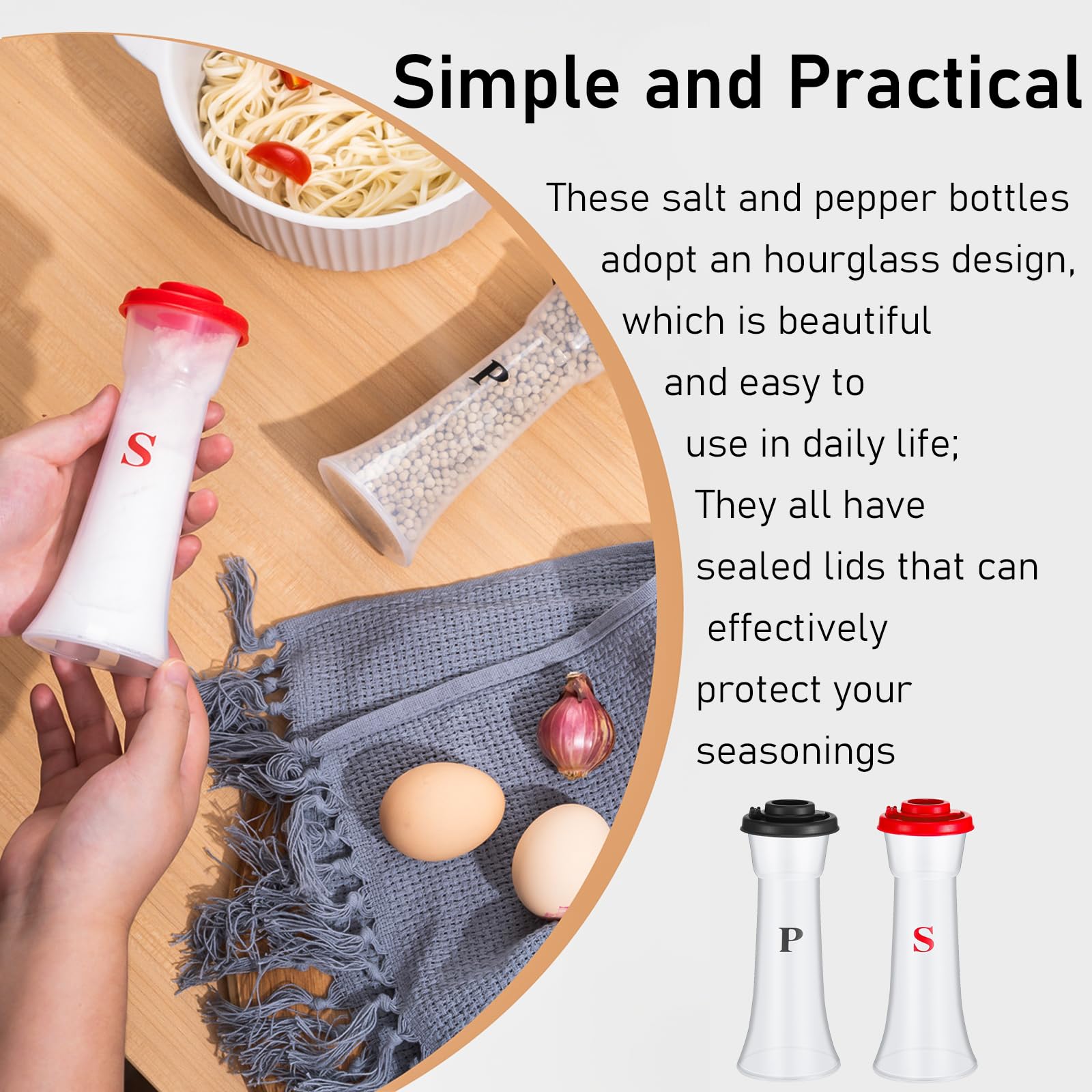 Lot de 2 salières et poivrières en plastique avec couvercles, anti-humidité, couvercles hermétiques, sans BPA, pour la maison, la cuisine, le restaurant, le camping (rouge et noir)