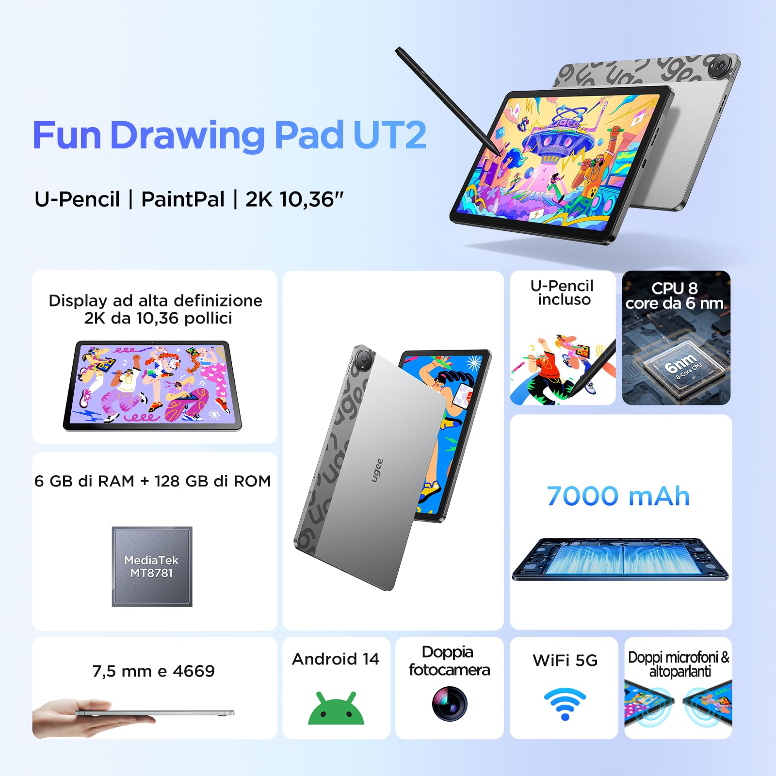 Ugee UT2 Fun Android Tablet Pad Standalone con display 2K da 10,36 pollici e finitura nano-opaca, tablet portatile con U-Pencil, 6GB+128GB, Android 14, 7000mAh, 5MP+8MP, corpo in metallo