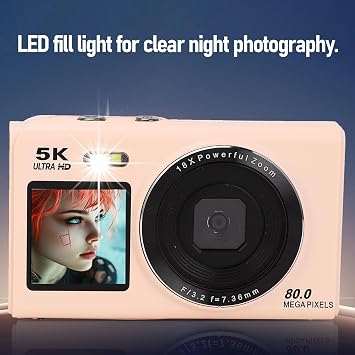 VBESTLIFE 5K Digital Camera for Photography 80MP Dual Screens Camera with 18x Digital Zoom Fill Light Compact WiFi Vlog Camera for Teenagers Beginners Beginners (32GB)
