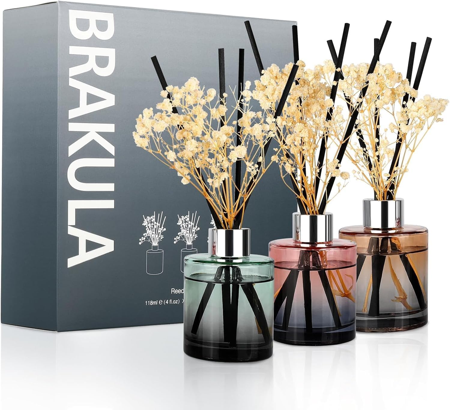 Brakula 3 Pack Reed Diffuser, Oil Diffuser Sticks, Fresh Linen, White Jasmine, Lavender Vanilla (4 fl oz Each Pack), Home Fragrance, Bathroom Decor, Reed diffusers for Home