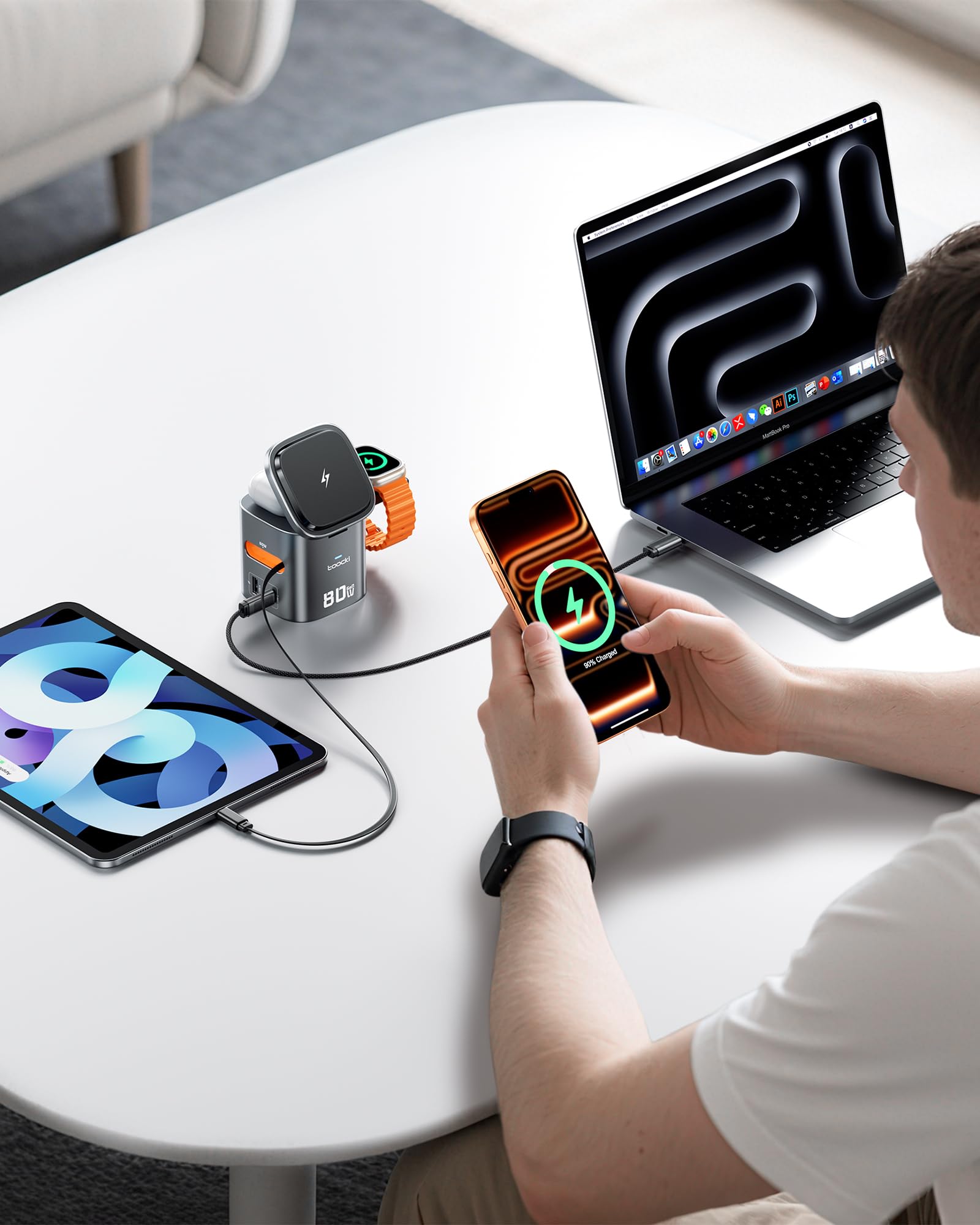 toocki Station Charge 80W GaN, 6 en 1 Chargeur avec Câble Rétractable USB-C | GaN USB-C et USB-A, PD Charge Rapide, Design Tout-en-Un Idéal Bureau/Maison/Voyage, pour iPhone 17/Galaxy S26/Watch/AirPods