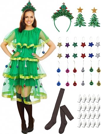 Christmas Tree Costume Outfits Christmas Dresses for Women Adult Colored Balls Stars and Clips Xmas Party Set