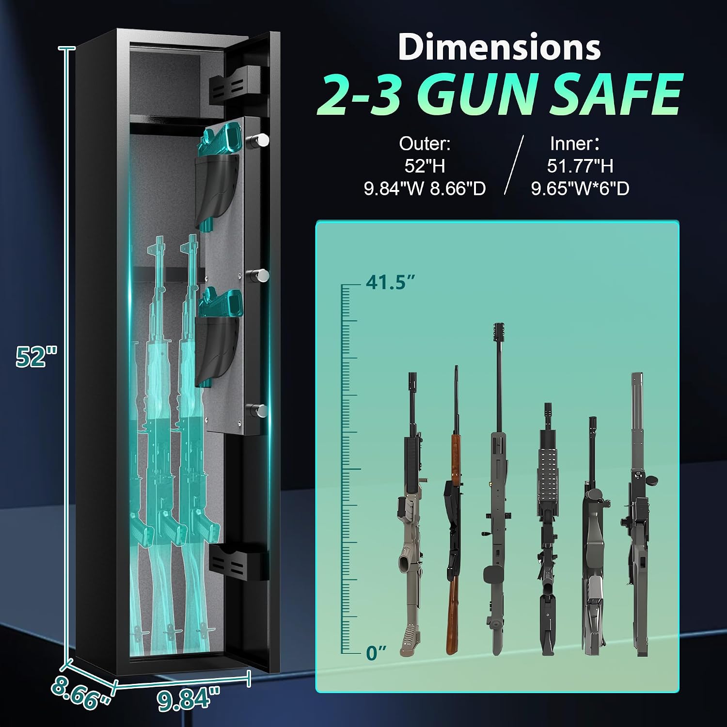 2-3 Gun Safe for Rifles and Pistols, No Assembly Required Gun Cabinet with Removable Shelf, Rifle safe with 180° Full Access Door, Gun Safes with Password Lock, Alarm System & Mute Mode
