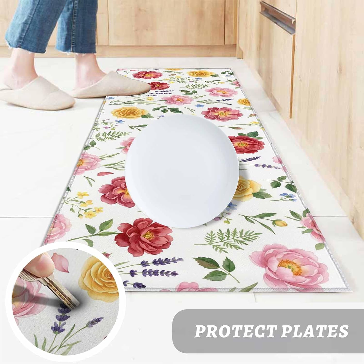 Kitchen Mats for Floor Pastoral Rose Spring Fern Leaves Washable Non Slip Kitchen Rugs 1PCS, Country Lavender Wild Flower Absorbent Standing Mats for Sink Bathroom Office Living Room 23.6x70.9in