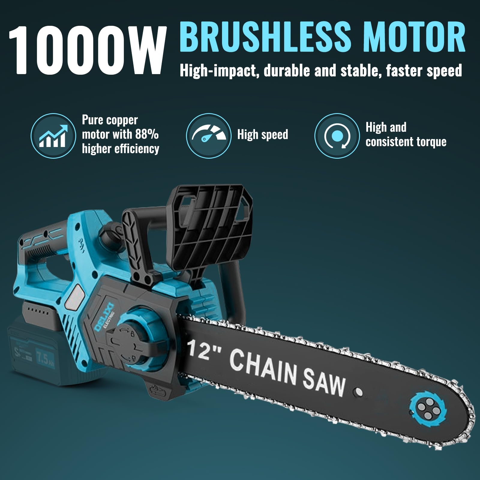 Akku-Kettensäge, 12 Zoll Elektrisch Kettensägen kompatibel mit Makita 18V | 1000W Bürstenloser Motor Akku Kettensäge, akkusäge Handkettensäge 30 cm, für Holzbearbeitung und Garten (ohne Akku)