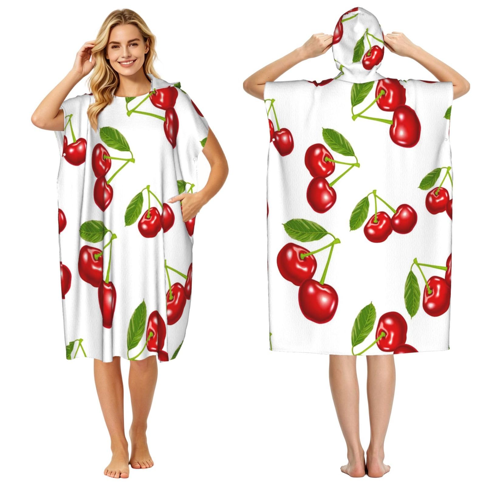 Poadnly Cherry Pattern, Adult Hooded Beach Towel 90 x 110 cm,Changing Bath Robe, Surf Poncho Towel For Women Men