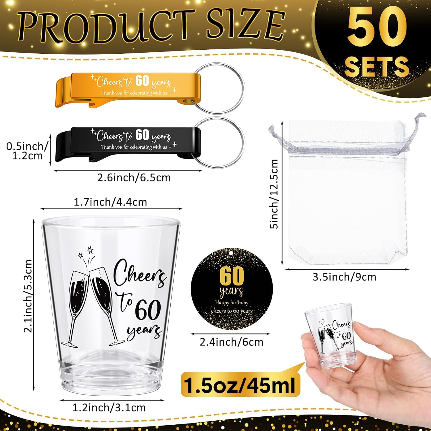 Havawish 200 Pcs 50 Sets 60th Birthday Party Favors for Guests Cheers Birthday Beer Opener Keychain 1. 5oz Shot Glasses Unbreakable Gift Cards and Organza Bags for Anniversary Birthday Party