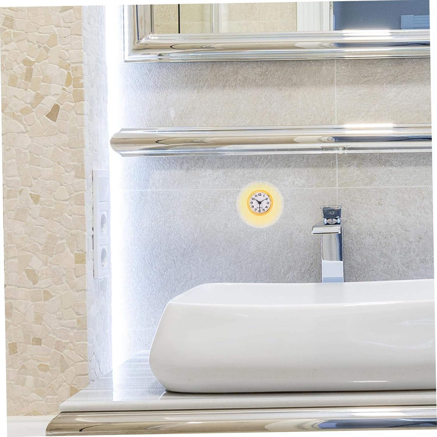 Angoily Bathroom Suction Cup Wall Clock Silent Non-Ticking Shower Clock with Glass Mirror Surface Stylish Yellow Design for Bathroom and Living Decor