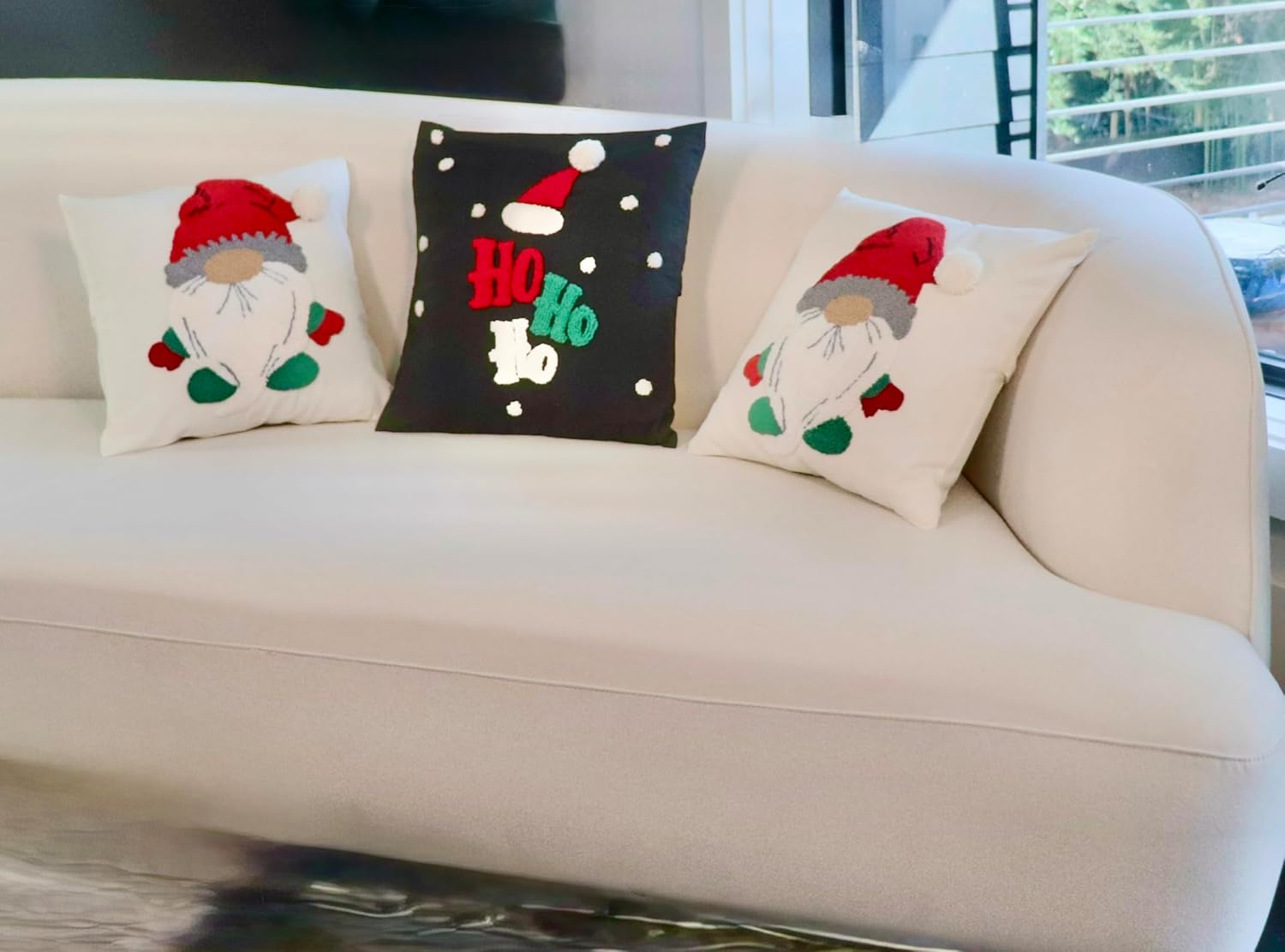 Decorative Throw Pillow Cover – “Ho Ho Holiday,” Cotton Blend, 16" x 16", Handcrafted Design, Cream Cover, Elf/Garden Gnome/Santa Claus Theme, Indoor/Outdoor Cushion Cover (Cream)