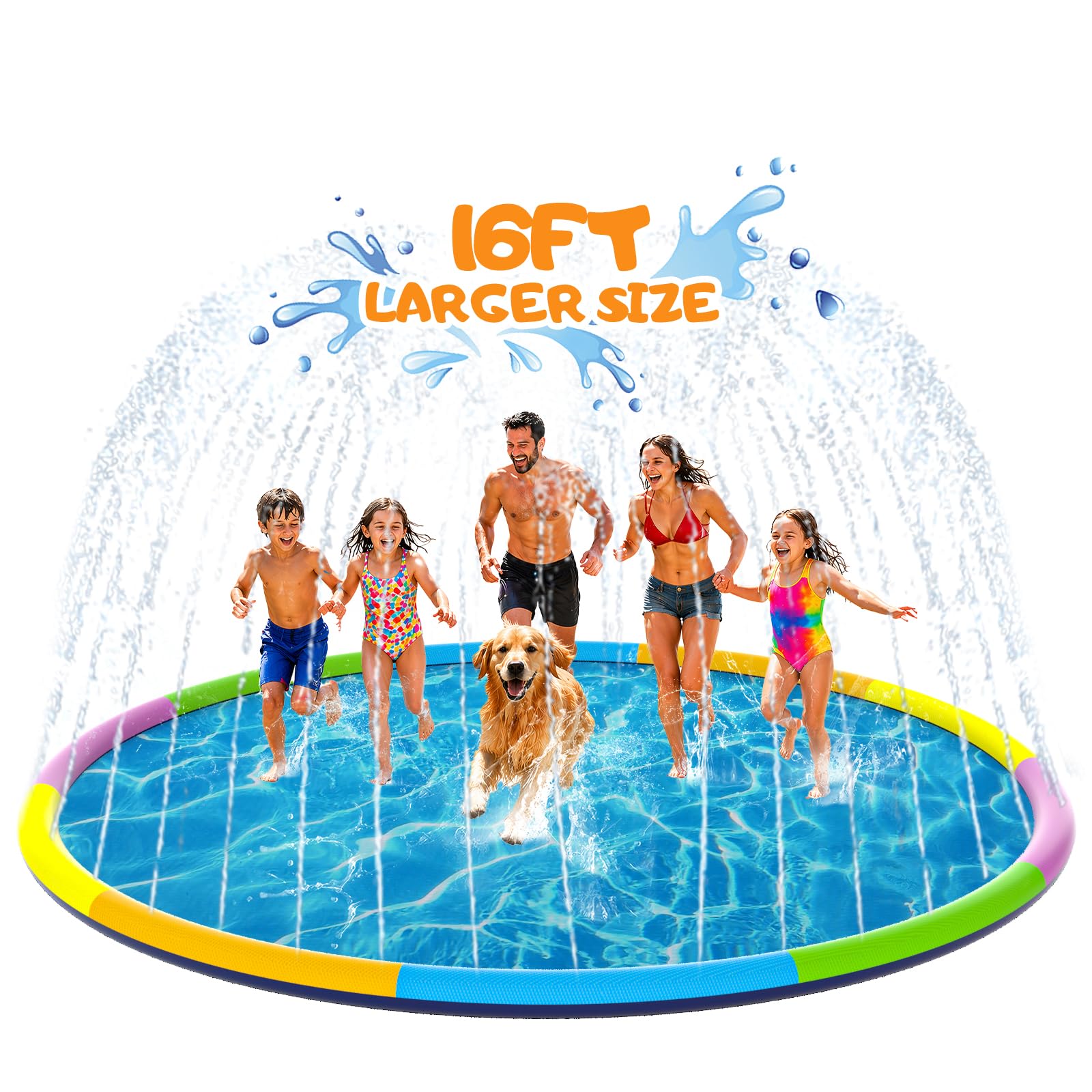 Instraella Splash Pad, 16FT Extra Large Sprinkler Play Mat for Dogs & Kids, 0.55mm Thickened Outdoor Water Toys, Foldable Summer Splash Mat for Toddlers, Children and Pets