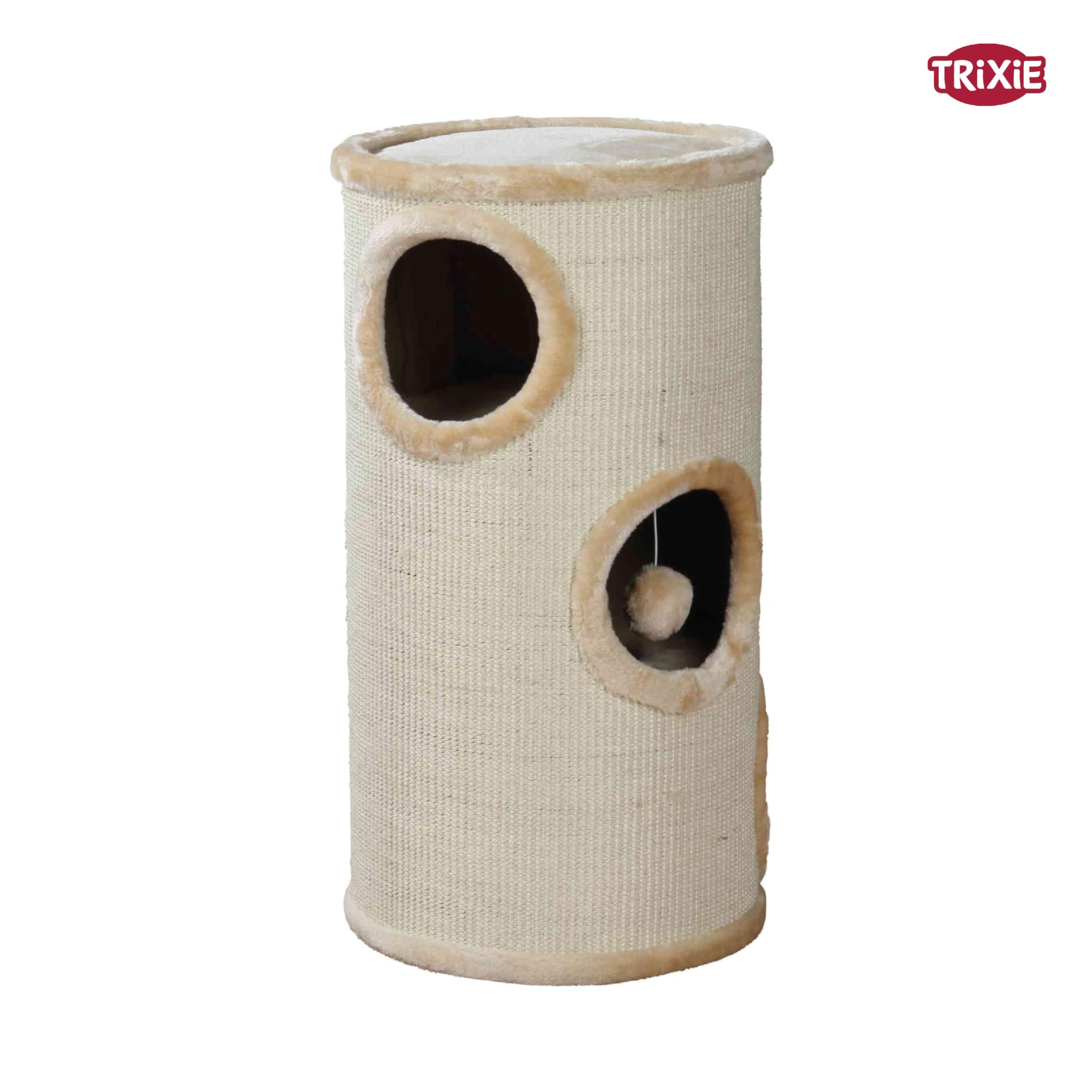 TRIXIE Kratztonne für Katzen Samuel 70 cm in natur/beige – dreistöckige Katzentonne mit gepolsterter Liegefläche und Spielball, gemütlich & stabil – 4330