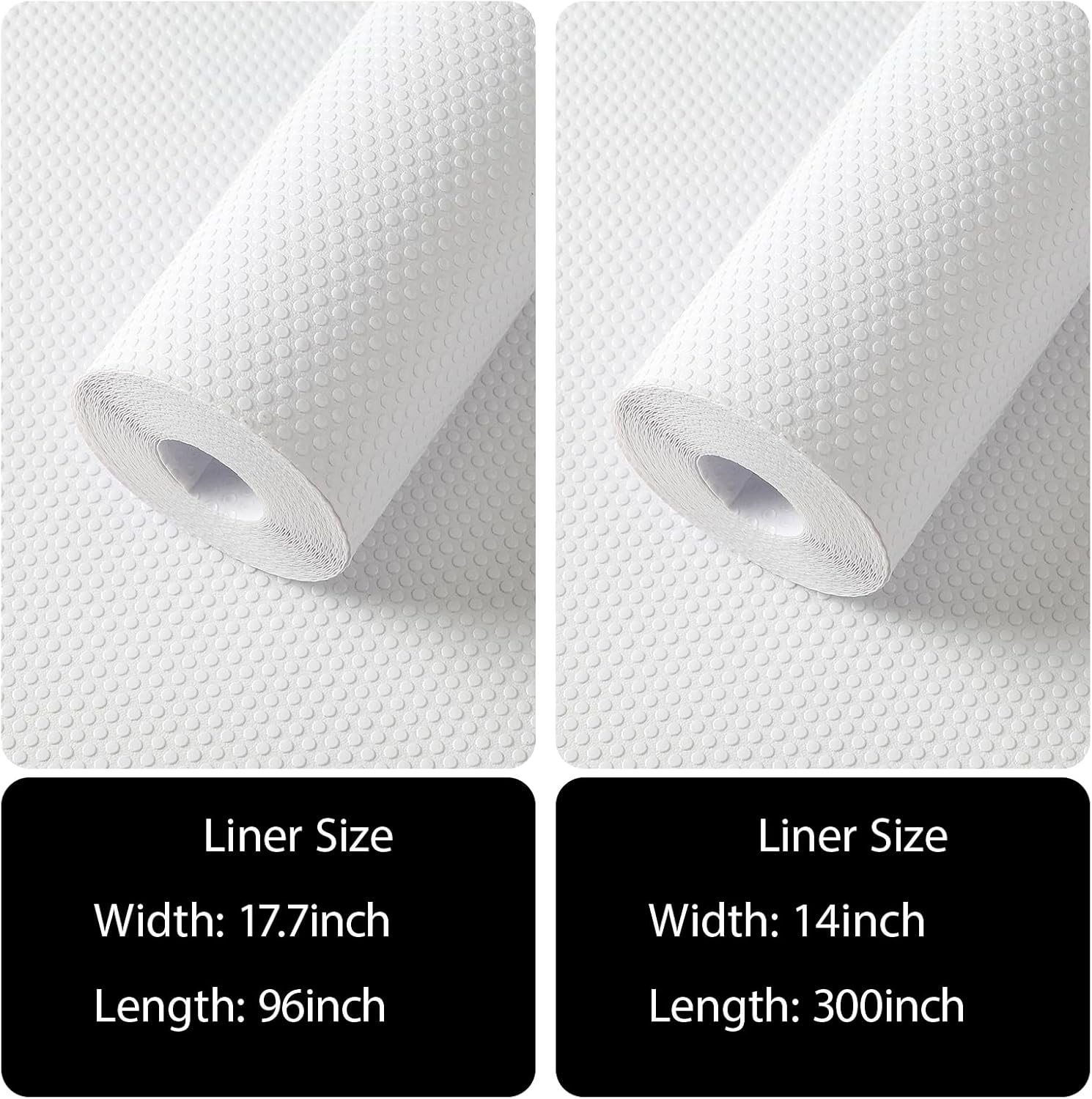 White Shelf Liner for Kitchen Cabinets: 17.7” x 96 Inch and 14” × 300” Waterproof Non Adhesive Pantry Drawer Liners - Easy to Cut Washable Cupboard Mat for Shelves