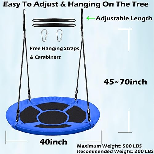 Miniatura 4 de Juego de columpio de árbol de platillo azul de 40 pulgadas para niños y adultos, capacidad de peso de 500 libras, impermeable, asiento de tela de
